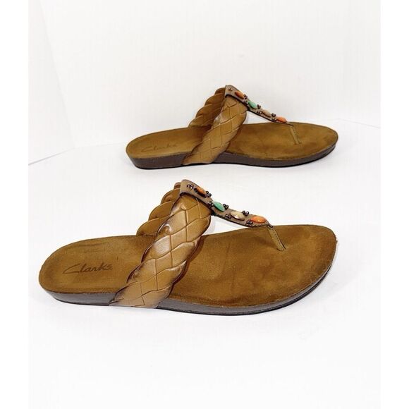 Clarks Thong Sandals Brown Vegan Leather Jewels Boho Western Aztec Coral Braid 8 - Picture 14 of 16